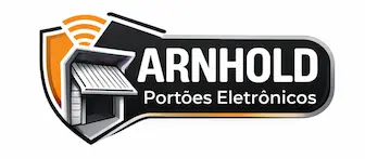 Logotipo oficial da Arnhold Portões Eletrônicos, apresentando o nome da empresa ao lado de um emblema em formato de escudo com uma garagem automatizada.
