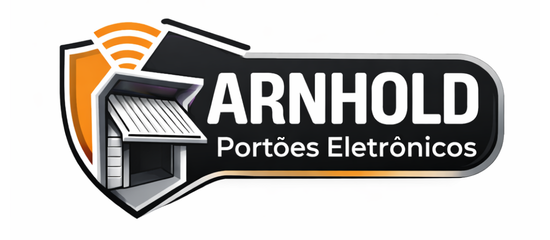 Logotipo oficial da Arnhold Portões Eletrônicos, apresentando o nome da empresa ao lado de um emblema em formato de escudo com uma garagem automatizada.